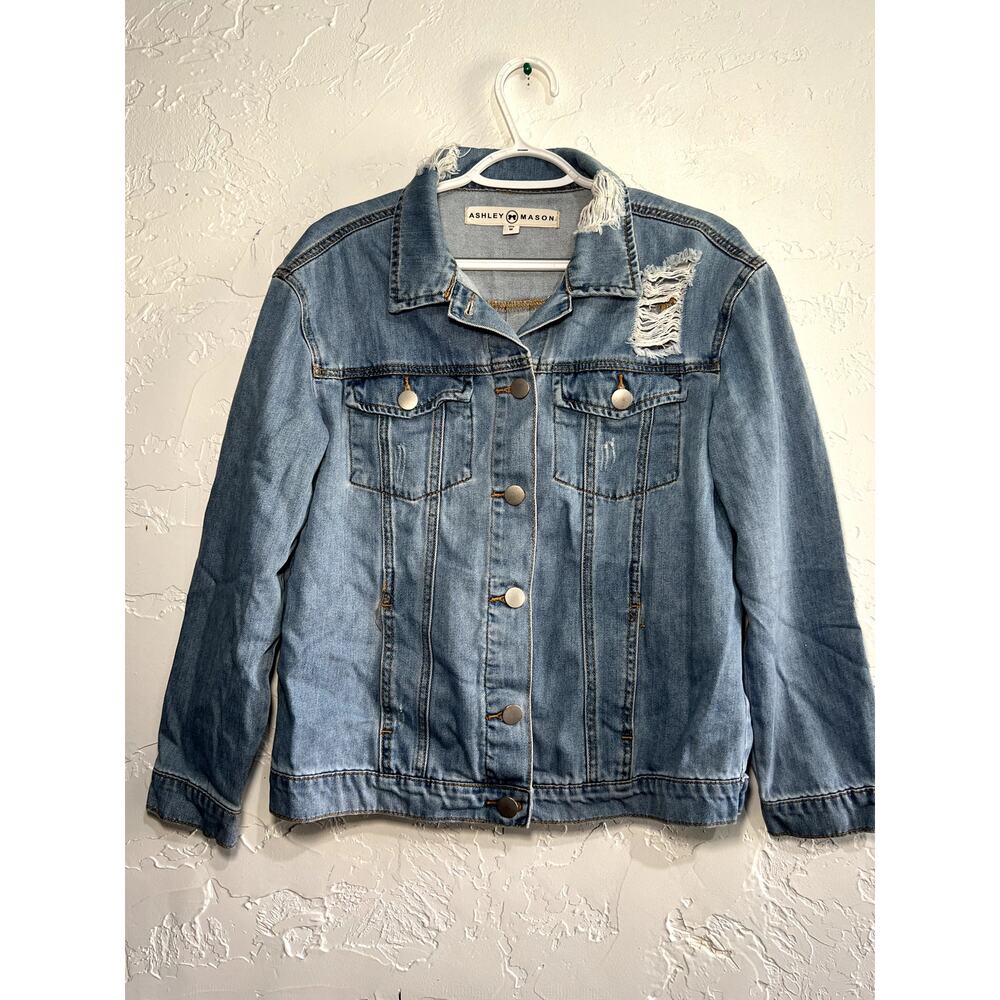 Ashley Mason distressed denim jean jacket womens medium star on back